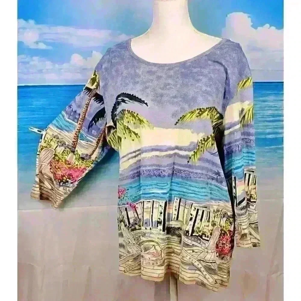 BLAIR Beach PRINT Travel Shirt TUNIC Top 3/4 Sleeve Lightweight STRETCH size XL - Picture 7 of 7